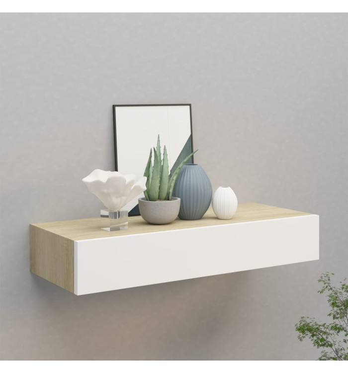 Étagère à tiroir murale chêne et blanc 60x23,5x10 cm MDF | Mobilier & Déco