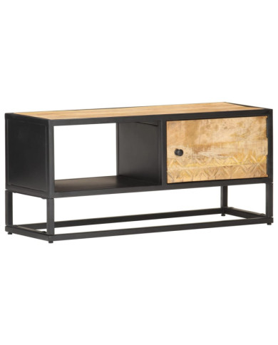 Meuble TV avec porte sculptée 90x30x40 cm Bois de manguier brut | Mobilier & Déco