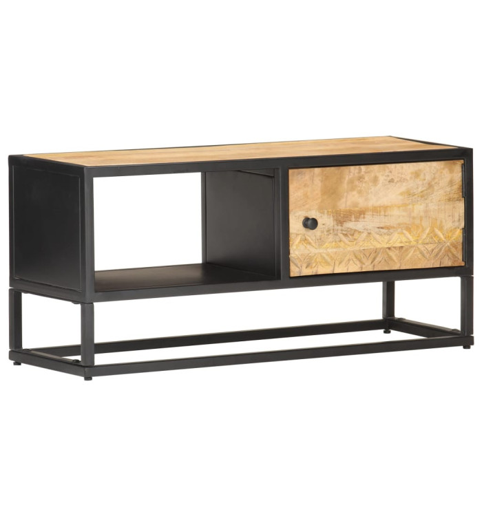 Meuble TV avec porte sculptée 90x30x40 cm Bois de manguier brut | Mobilier & Déco