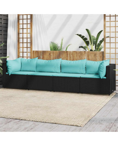 Salon de jardin 4 pcs avec coussins Noir Résine tressée | Mobilier & Déco