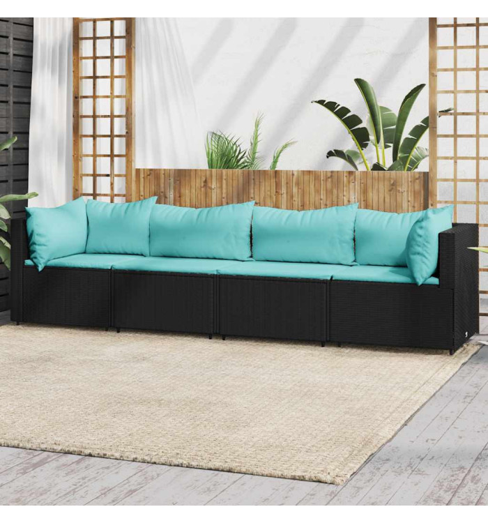 Salon de jardin 4 pcs avec coussins Noir Résine tressée | Mobilier & Déco