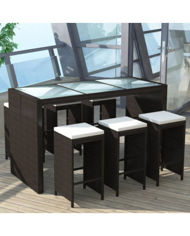 Ensemble de bar de jardin 7 pcs coussins Résine tressée Marron | Mobilier & Déco