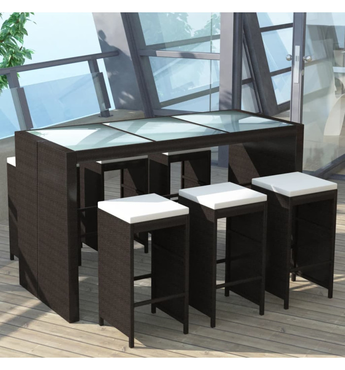 Ensemble de bar de jardin 7 pcs coussins Résine tressée Marron | Mobilier & Déco