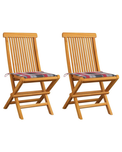 Chaises de jardin lot de 2 avec coussins à carreaux rouge Teck | Mobilier & Déco