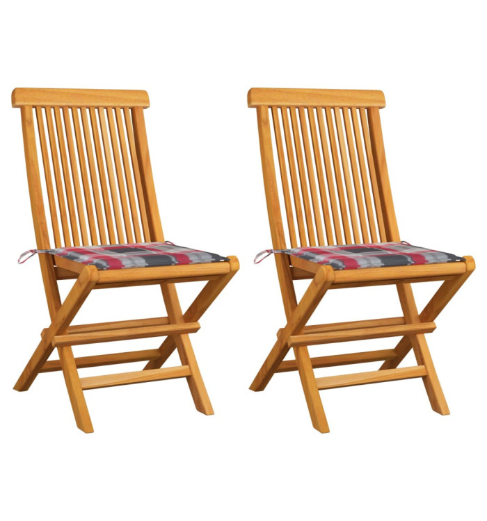Chaises de jardin lot de 2 avec coussins à carreaux rouge Teck | Mobilier & Déco