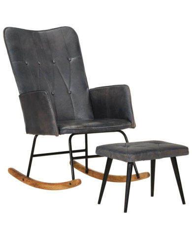 Chaise à bascule avec repose-pied Gris Cuir véritable | Mobilier & Déco