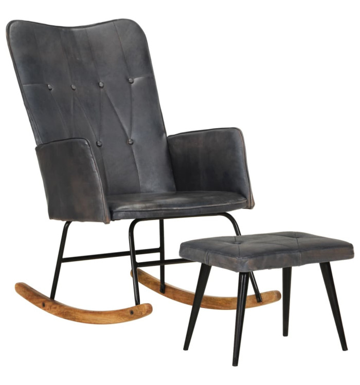 Chaise à bascule avec repose-pied Gris Cuir véritable | Mobilier & Déco