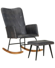 Chaise à bascule avec repose-pied Gris Cuir véritable | Mobilier & Déco
