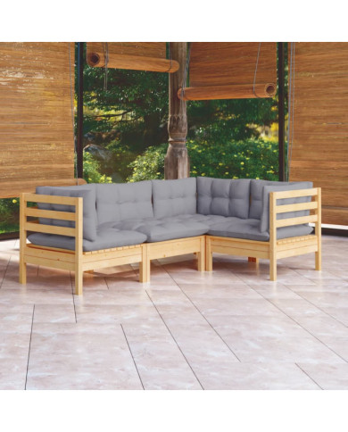 Salon de jardin 4 pcs avec coussins gris Bois de pin | Mobilier & Déco