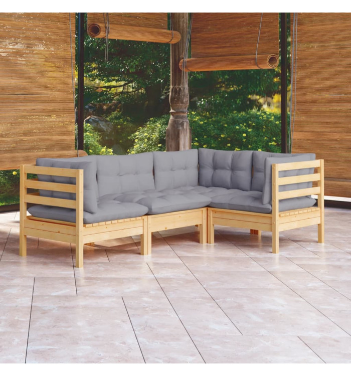 Salon de jardin 4 pcs avec coussins gris Bois de pin | Mobilier & Déco