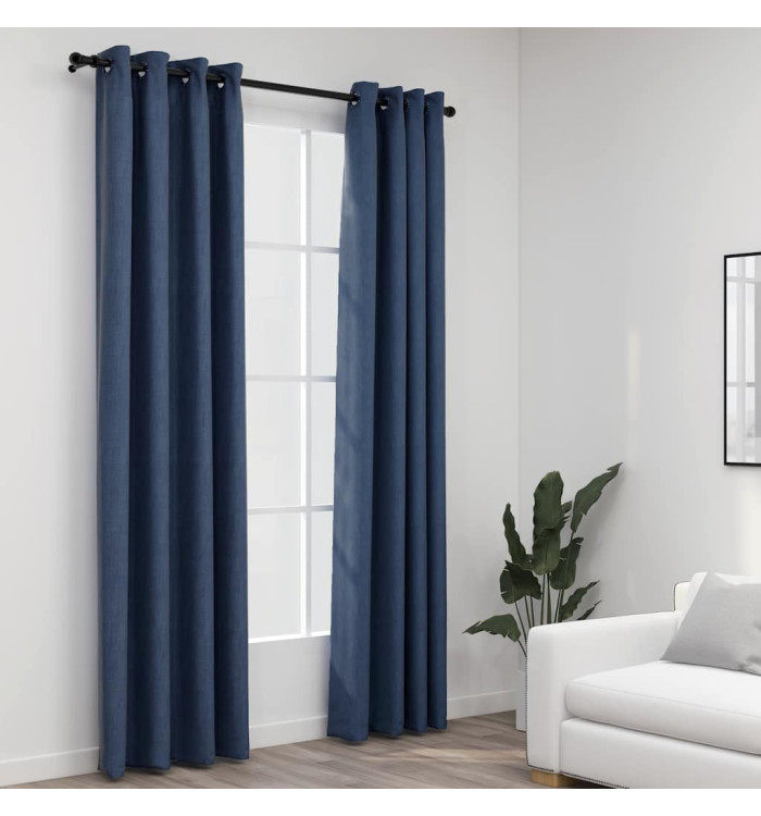 Rideaux occultants Aspect lin avec œillets 2 pcs Bleu 140x225cm | Mobilier & Déco