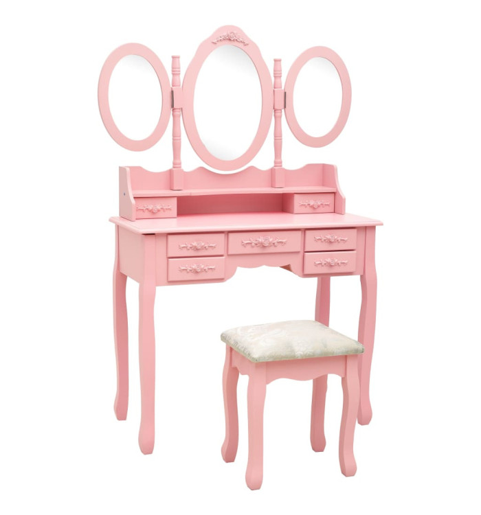 Coiffeuse avec tabouret et miroir pliable en 3 Rose | Mobilier & Déco
