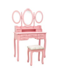 Coiffeuse avec tabouret et miroir pliable en 3 Rose | Mobilier & Déco