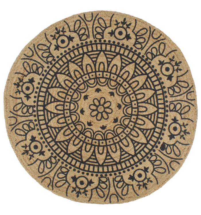 Tapis fait à la main Jute avec imprimé bleu foncé 90 cm | Mobilier & Déco