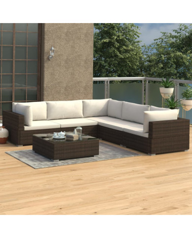 Salon de jardin 6 pcs avec coussins Résine tressée Marron | Mobilier & Déco
