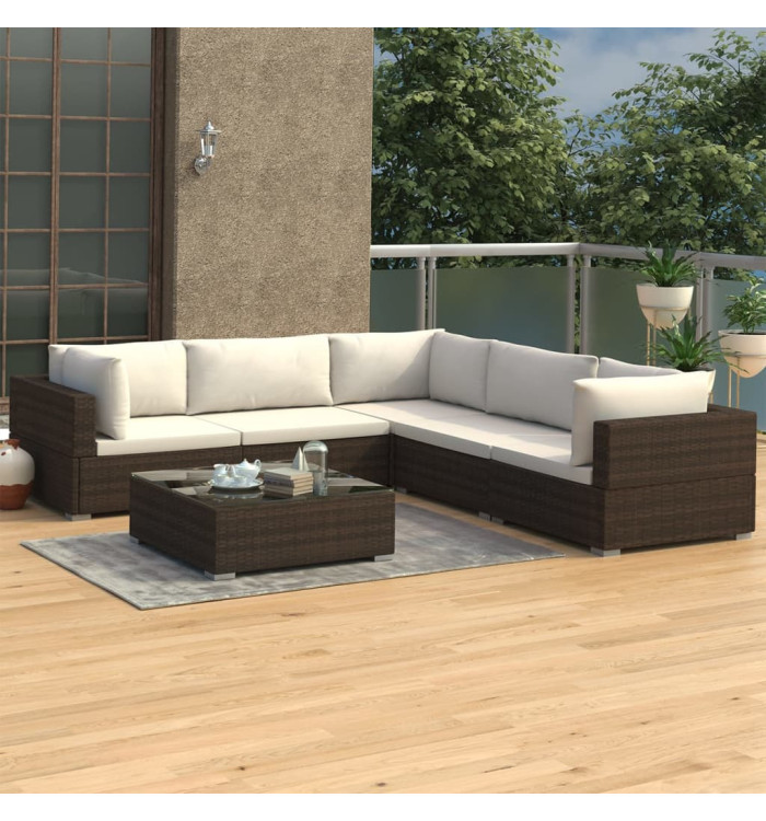 Salon de jardin 6 pcs avec coussins Résine tressée Marron | Mobilier & Déco