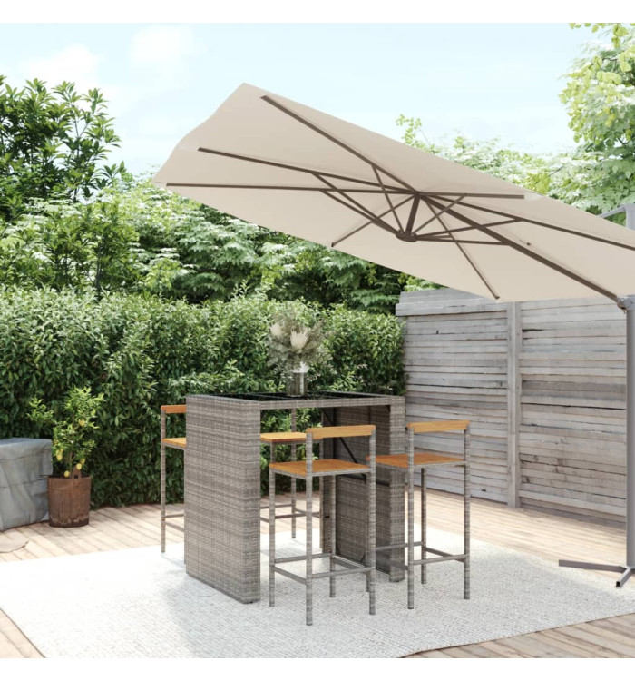 Ensemble de bar jardin 5 pcs gris poly rotin/bois massif acacia | Mobilier & Déco