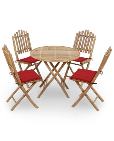 Mobilier à dîner d'extérieur pliable 5 pcs avec coussins bambou | Mobilier & Déco