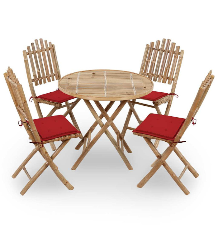 Mobilier à dîner d'extérieur pliable 5 pcs avec coussins bambou | Mobilier & Déco