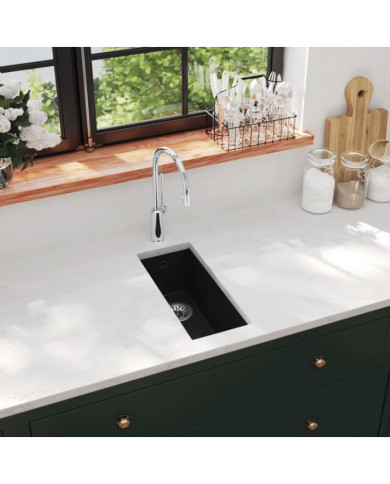 Évier de cuisine avec trou de trop-plein Noir Granit | Mobilier & Déco