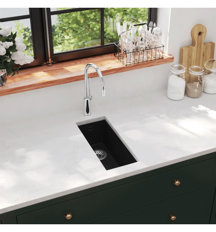 Évier de cuisine avec trou de trop-plein Noir Granit | Mobilier & Déco
