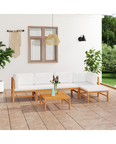 Salon de jardin 6 pcs avec coussins crème Bois de teck solide | Mobilier & Déco