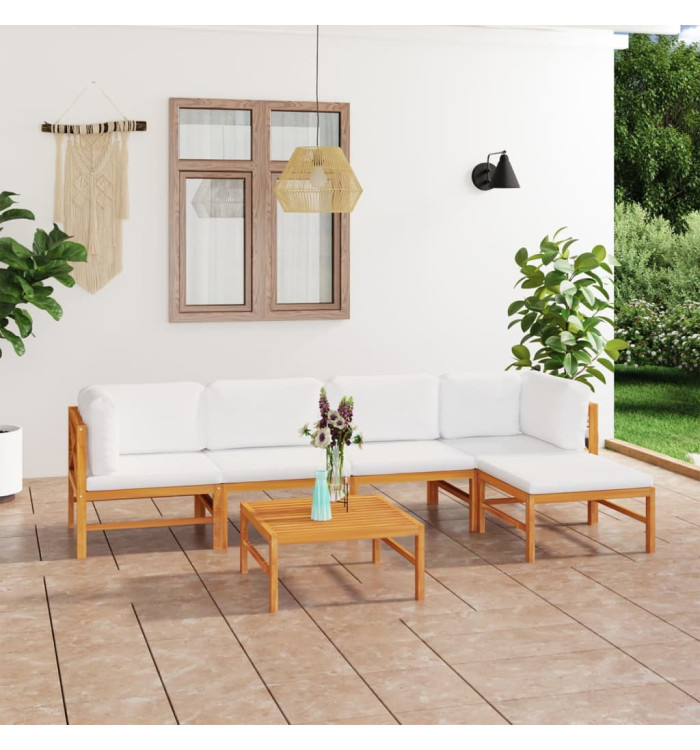 Salon de jardin 6 pcs avec coussins crème Bois de teck solide | Mobilier & Déco
