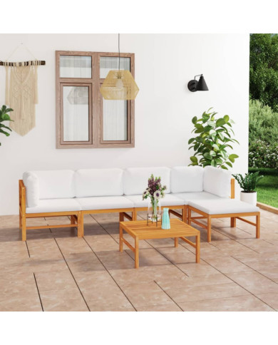Salon de jardin 6 pcs avec coussins crème Bois de teck solide | Mobilier & Déco