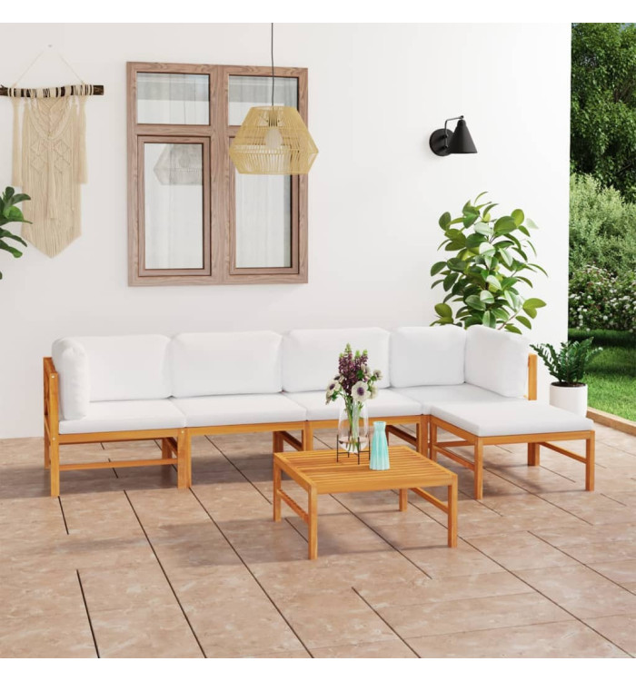Salon de jardin 6 pcs avec coussins crème Bois de teck solide | Mobilier & Déco