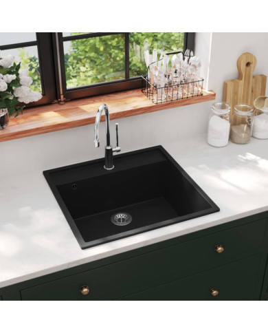 Évier de cuisine avec trou de trop-plein Noir Granit | Mobilier & Déco