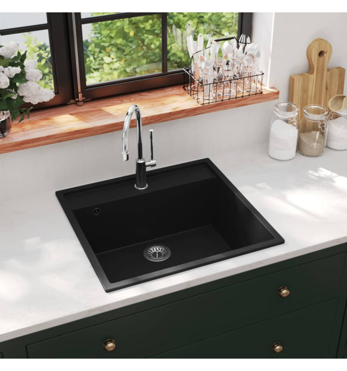 Évier de cuisine avec trou de trop-plein Noir Granit | Mobilier & Déco