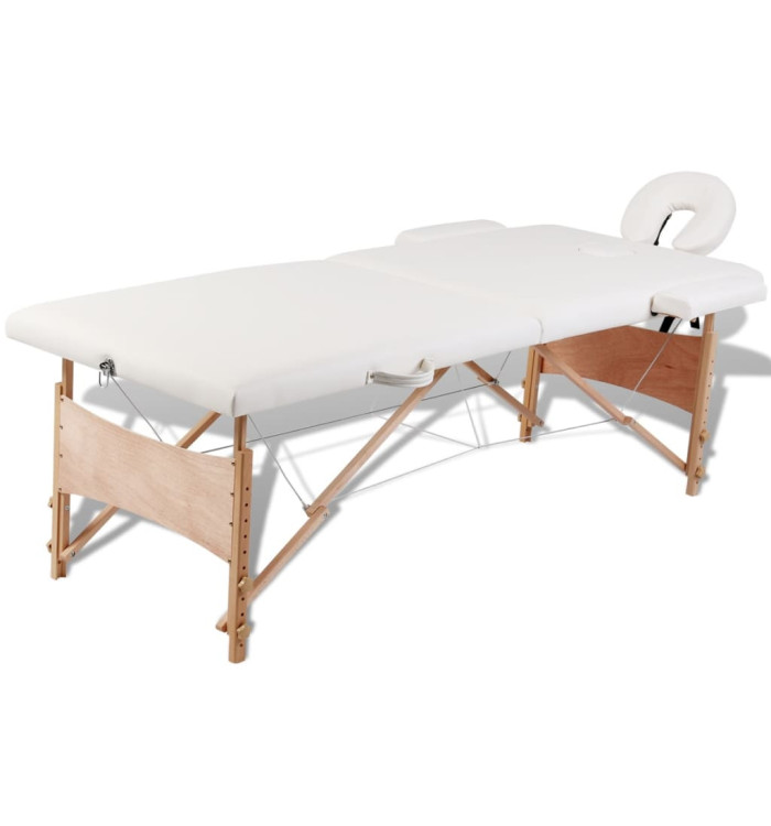 Table de massage pliable Blanc crème 2 zones avec cadre en bois | Mobilier & Déco