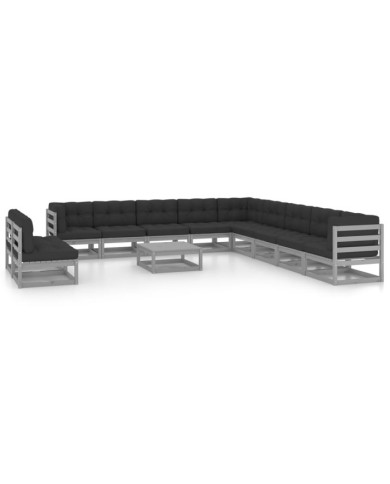 Salon de jardin 12 pcs avec coussins Gris Bois de pin massif | Mobilier & Déco
