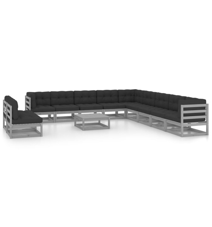 Salon de jardin 12 pcs avec coussins Gris Bois de pin massif | Mobilier & Déco