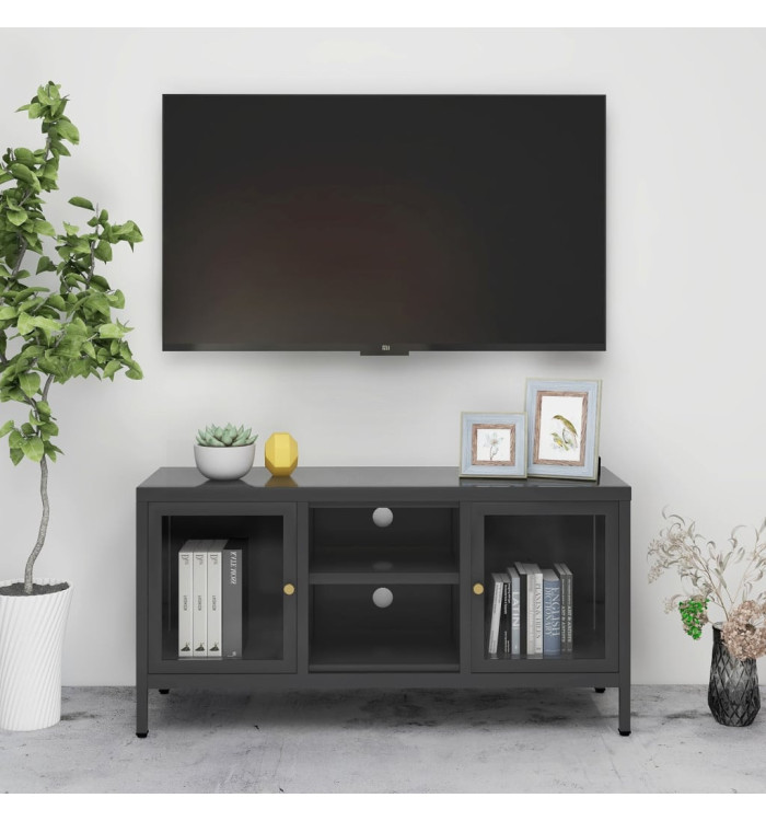 Meuble TV Anthracite 105x35x52 cm Acier et verre | Mobilier & Déco
