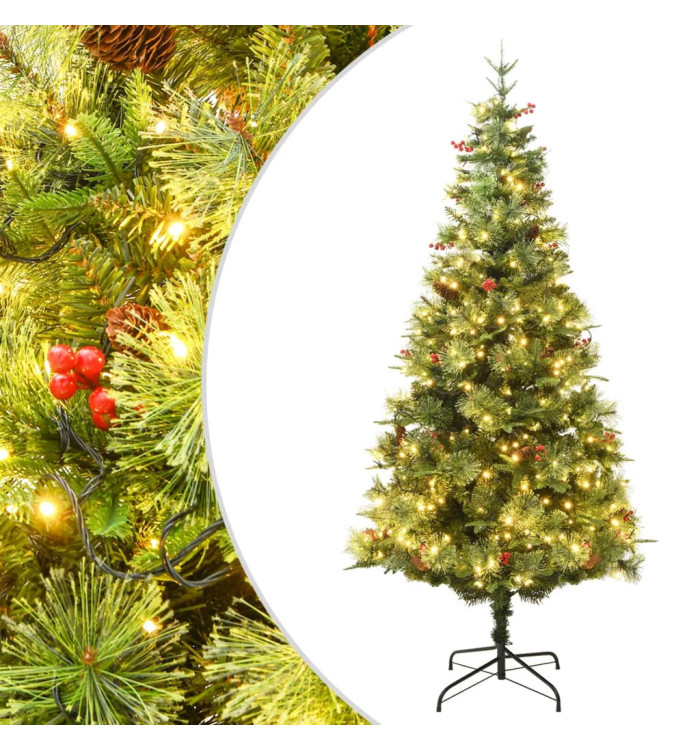 Sapin de Noël pré-éclairé et pommes de pin vert 225cm PVC et PE | Mobilier & Déco