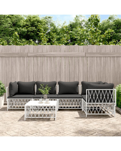 Salon de jardin avec coussins 6 pcs blanc acier | Mobilier & Déco