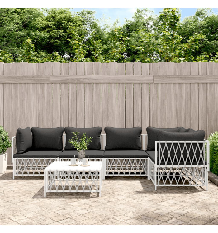 Salon de jardin avec coussins 6 pcs blanc acier | Mobilier & Déco