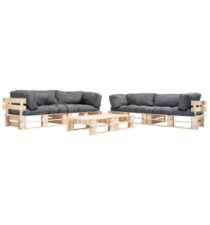 Salon de jardin palette 6 pcs avec coussins gris bois | Mobilier & Déco