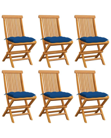Chaises de jardin et coussins bleu lot de 6 Bois de teck massif | Mobilier & Déco