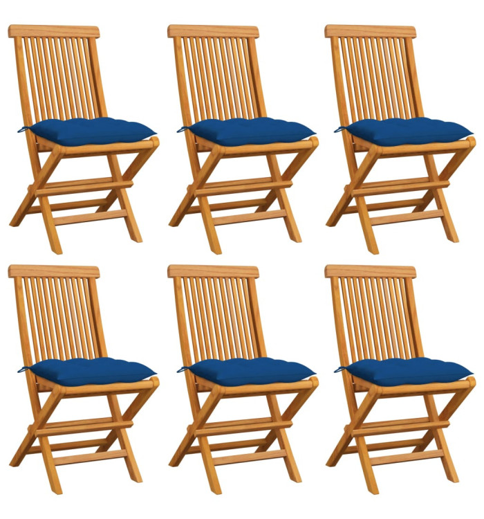 Chaises de jardin et coussins bleu lot de 6 Bois de teck massif | Mobilier & Déco