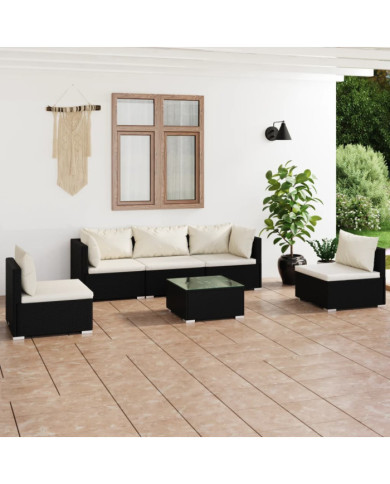 Salon de jardin 6 pcs avec coussins Résine tressée Noir | Mobilier & Déco