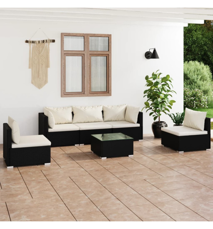 Salon de jardin 6 pcs avec coussins Résine tressée Noir | Mobilier & Déco