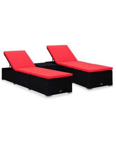 Chaises longues de jardin table à thé 3 pcs Résine tressée Noir | Mobilier & Déco