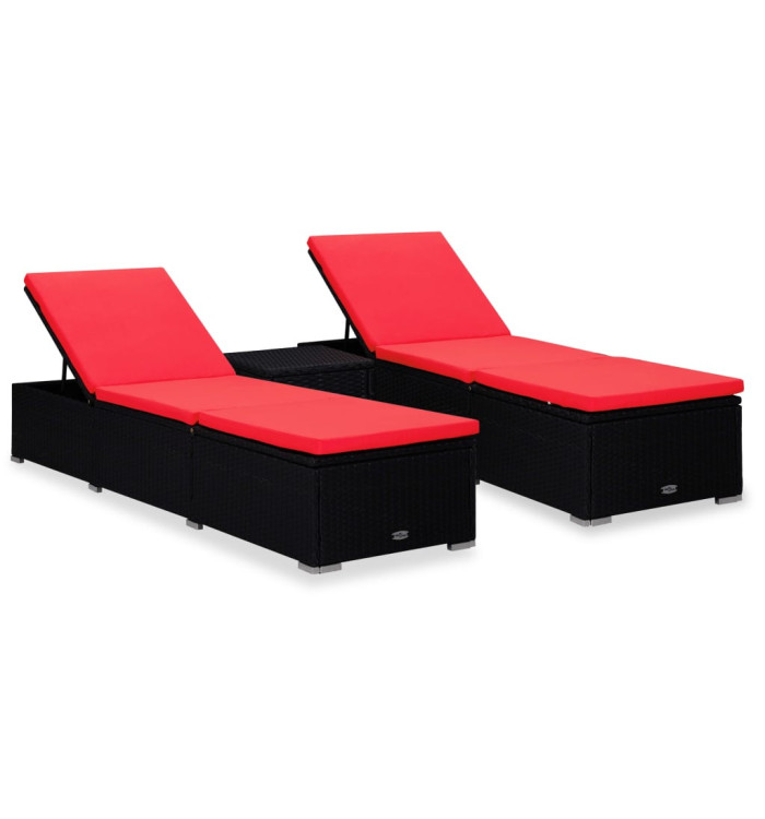 Chaises longues de jardin table à thé 3 pcs Résine tressée Noir | Mobilier & Déco