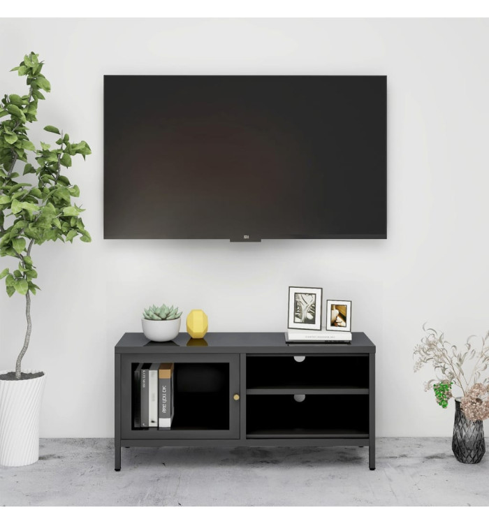 Meuble TV Anthracite 90x30x44 cm Acier et verre | Mobilier & Déco