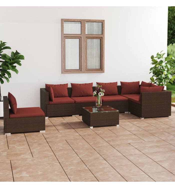 Salon de jardin 7 pcs avec coussins Résine tressée Marron | Mobilier & Déco