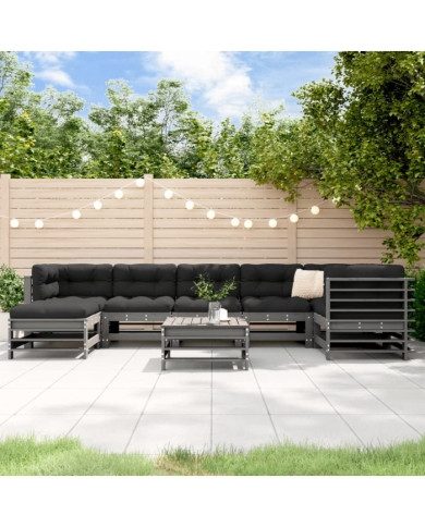 Salon de jardin 8 pcs avec coussins gris bois massif | Mobilier & Déco