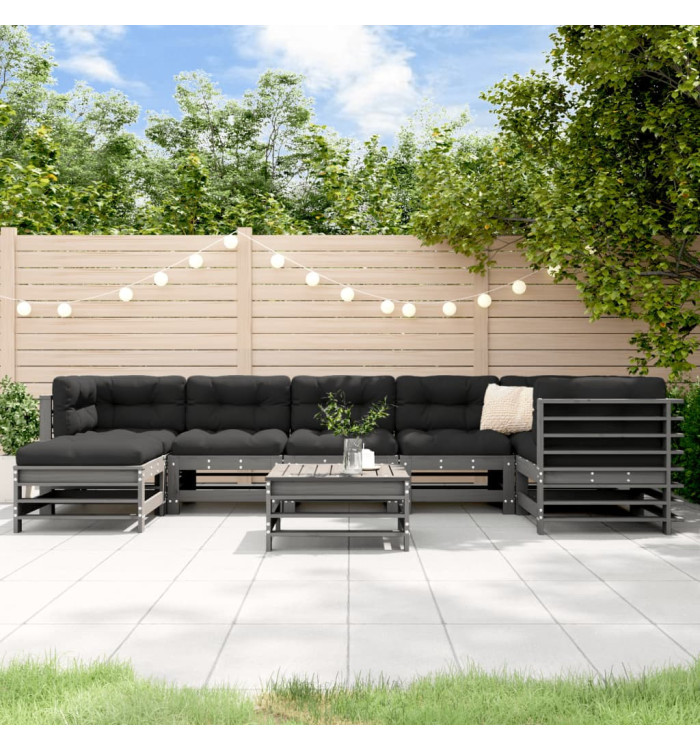 Salon de jardin 8 pcs avec coussins gris bois massif | Mobilier & Déco