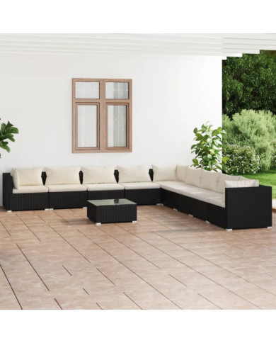 Salon de jardin 10 pcs avec coussins Résine tressée Noir | Mobilier & Déco